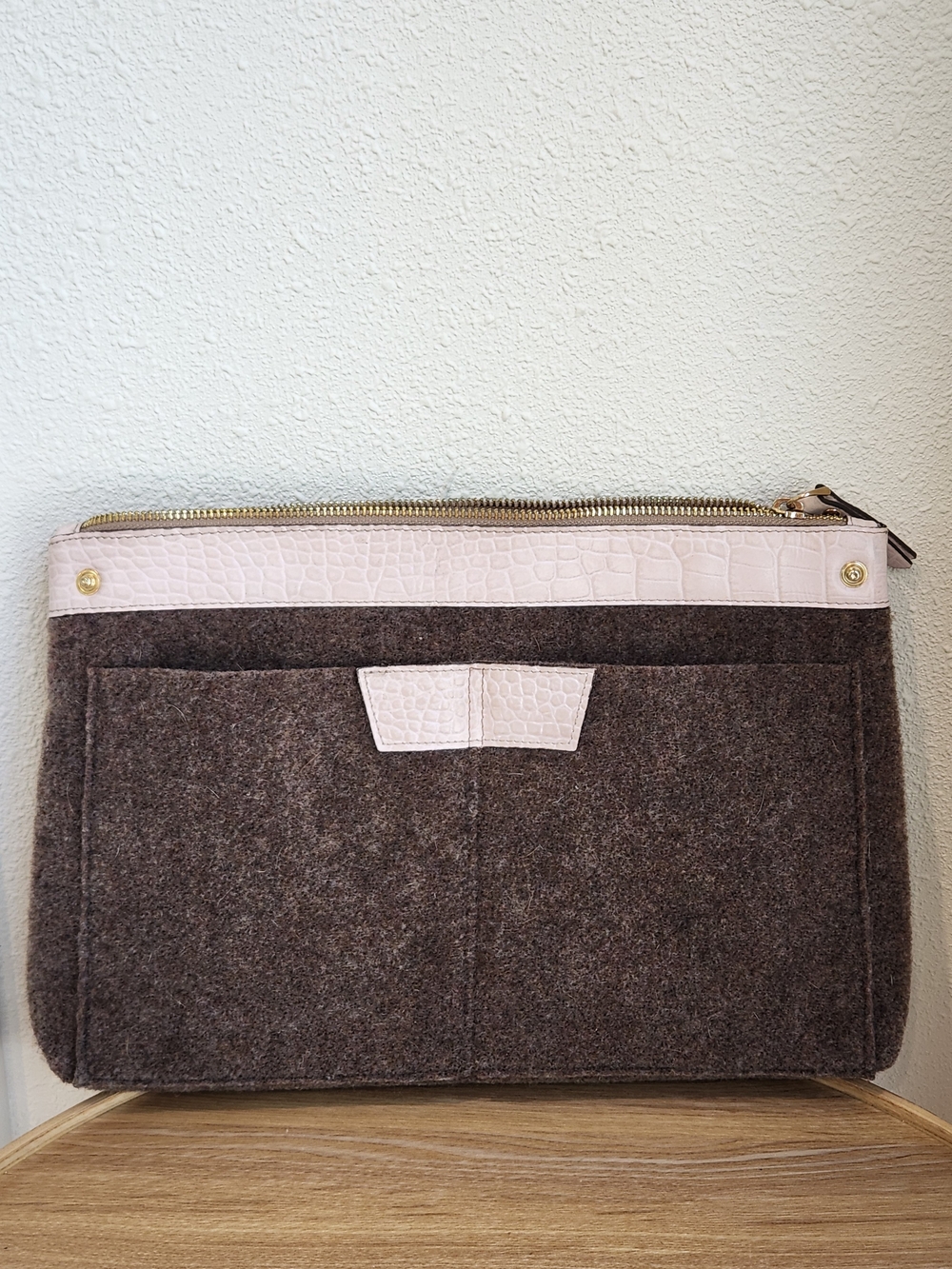 Gianni Notaro Felt Cosmetic Pouch with Pale Pink Leather Trim